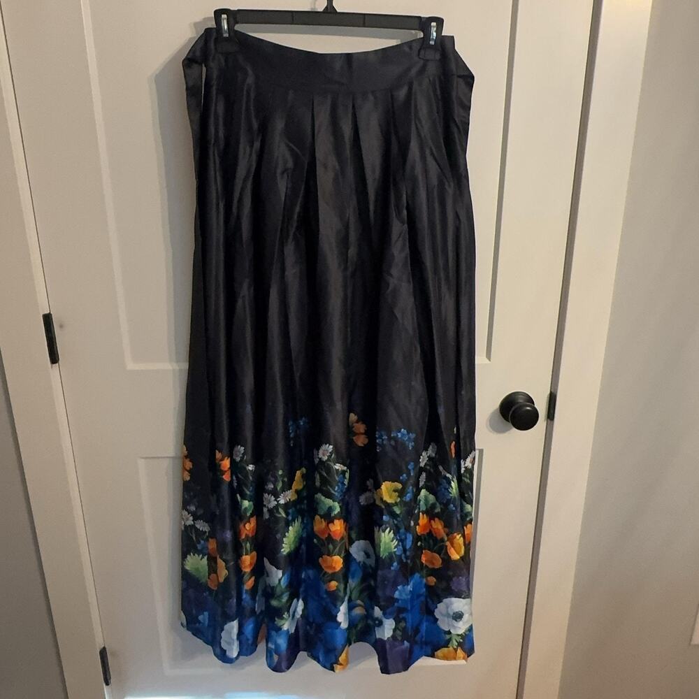 Gracia Skirt Sz L Blue Floral Pleated Satin Maxi Bow Waist Lined Formal S34135